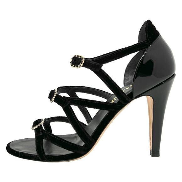 Chanel Black Velvet Patent Leather Buckle Strappy Logo Sandals – Size 37 - Picture 2 of 10